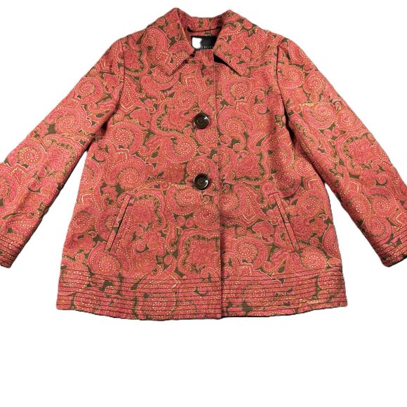 Talbots Petites Women Jacket Paisley Stretch Button Up Coat Blazer Orange Medium - Picture 1 of 10